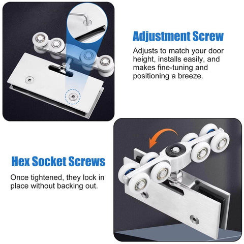 Close-up view of Sliding Glass Barn Door Hardware Kit with 3 mm aluminum track and stainless steel rollers for shower doors.