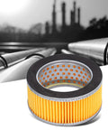 5 Pack Air Compressor Intake Paper Filter Elements 4.2x3x2 Inches Piston Type Yellow Replacement in front of industrial pipes