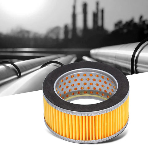 5 Pack Air Compressor Intake Paper Filter Elements 4.2x3x2 Inches Piston Type Yellow Replacement in front of industrial pipes