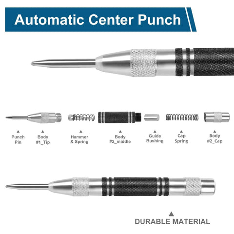 Two Pack Heavy Duty Automatic Center Punch, 5 Inch Premium Steel Spring Loaded Center Hole Marker Tool with components displayed