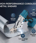 Aolidsive Cordless Metal Shear Delivering 400Nm Torque For Bl1830 Battery cutting 14-gauge steel with 360-degree head rotation.