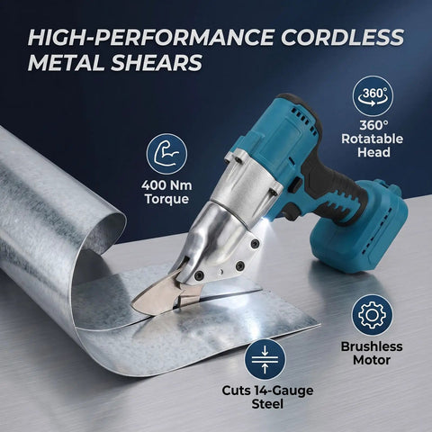 Heavy Duty Cordless Metal Shear With 400Nm Torque And 360 Degree Rotation cutting 14-gauge steel with a brushless motor.