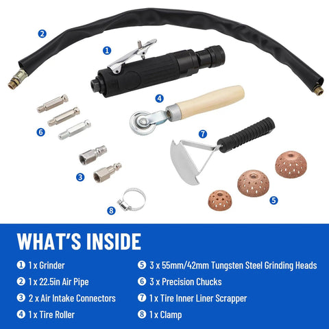 Air Tire Repair And Polishing Kit With Low Speed 2500 RPM Buffer Patch Roller Inner Liner Scraper Tungsten Steel Buff Wheel