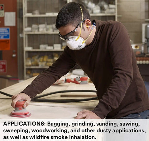 Person using a sander, wearing Small N95 Particulate Respirator Mask With Adjustable Nose Clip And Two Strap Design, Electrostatic Media, Nose Foam, Disposable, Pack Of 20, NIOSH Approved For Dust And Smoke Protection
