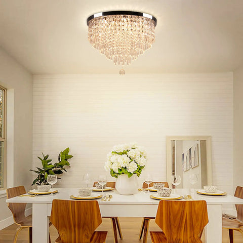 19.7 Inch Dope Crystal Ceiling Light Flush Mount Chandelier in dining room with 5 tier K9 crystals and polished stainless steel finish, modern design.