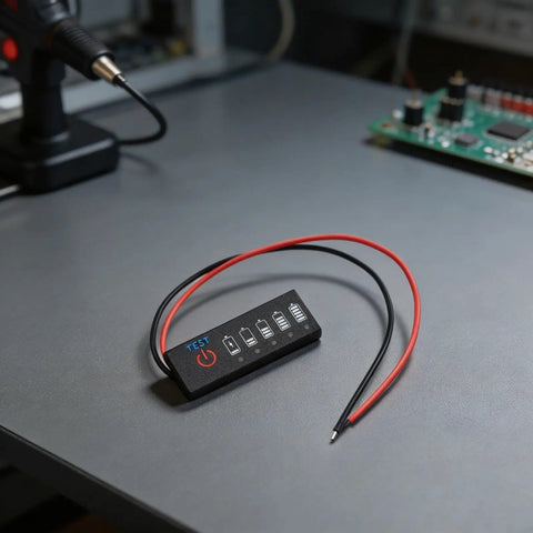 Straight Up Led Battery Voltage Gauge 5V To 21V with wires on table, showing battery levels on LED display.