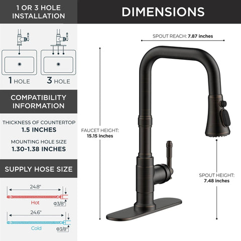 Dimensions of Vintage Kitchen Sink Faucet With Pull Down Sprayer And Single Handle, showing 15.15 inch height and 7.87 inch spout reach.