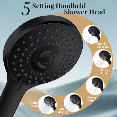 Close-up of 5 settings handheld shower head from Rain Shower Head 12 Inch High Pressure Round Rainfall Shower Head Combo Pro Grade