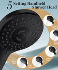Rain Shower Head With Handheld Combo, close-up of black handheld with 5 settings including Powerful Massage, Power Mist, and Rain Massage.