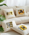 Decorative pillows with bee and sunflower iron-on transfers, featuring positive text designs and vibrant colors on a beige couch.