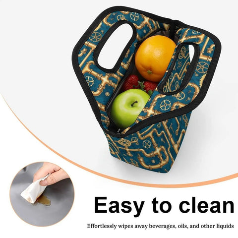 Steampunk Gear Lunch Bag For Women And Men Portable Insulated Waterproof Reusable Lunch Box with fruit inside and easy clean handle