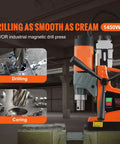 Heavy Duty Boss Grade Magnetic Drill 1450W Variable Speed Portable Electric Core Chucker on a workbench for drilling and coring.