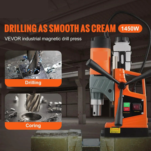 Heavy Duty Boss Grade Magnetic Drill 1450W Variable Speed Portable Electric Core Chucker on a workbench for drilling and coring.