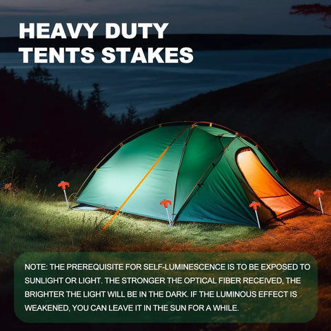 Heavy Duty 20 Pack Screw In Tent Stakes 8 Inch Ground Anchors securing green tent on grassy terrain at night