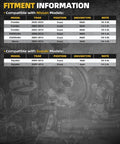 Fitment information for Nissan Frontier, Pathfinder, Xterra, and Suzuki Equator models, with drivetrain and engine details