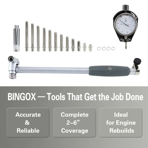 BINGOX dial bore gauge set with dial indicator and extension rods, 2-6 inch range, front view
