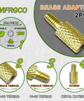 Brass adapter set showing close-up of male and female threads for Six Pack Brass Gun Cleaning Rod Fitting Adapters with 8-32 to 10-32.