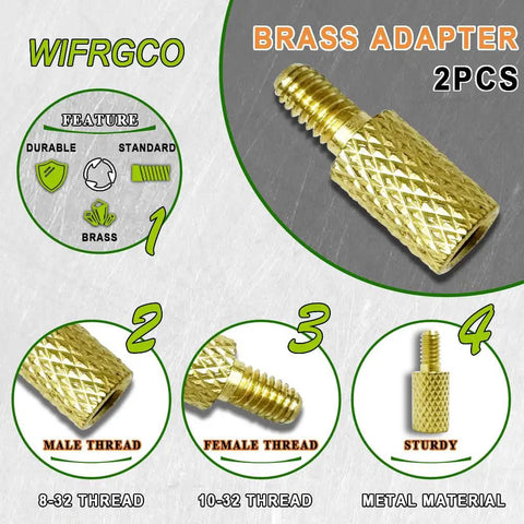Brass adapter set showing close-up of male and female threads for Six Pack Brass Gun Cleaning Rod Fitting Adapters with 8-32 to 10-32.