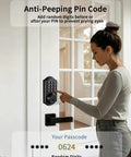 Cut The Cord On Lost Keys With This Keyless Entry Door Lock Featuring An Electronic Keypad Deadbolt For Your Front Door That Stores 100 Unique Codes With Smooth Daily Use, showing a woman entering a code on a door lock.