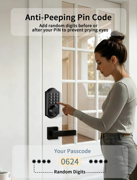 Cut The Cord On Lost Keys With This Keyless Entry Door Lock Featuring An Electronic Keypad Deadbolt For Your Front Door That Stores 100 Unique Codes With Smooth Daily Use, showing a woman entering a code on a door lock.