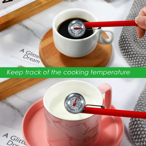 3 Pack Stainless Steel Kitchen Thermometers With 5 Inch Stems And 1 Inch Dials For Oven Probes Meat Grill BBQ Cooking Milk Frothing Chocolate Water In Red Black White measuring coffee and milk