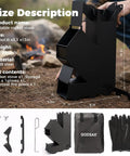 Portable Wood Burning Camp Stove With High Efficiency Rocket Style Flame For Camping Backyard Cookouts And Outdoor Events Includes Storage Bag And Rugged Weatherproof Construction For Easy Transport, with dimensions and accessories shown.