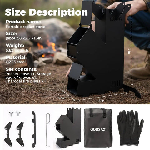 Portable Wood Burning Camp Stove With High Efficiency Rocket Style Flame For Camping Backyard Cookouts And Outdoor Events Includes Storage Bag And Rugged Weatherproof Construction For Easy Transport, with dimensions and accessories shown.
