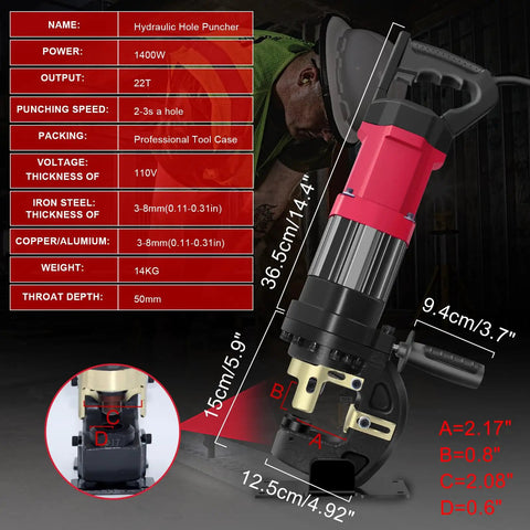 Beast Mode 22 Ton Electric Hydraulic Hole Puncher for Metal with 1400W Power, portable machine features and dimensions displayed.