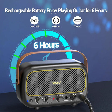 Portable 5W Mini Guitar Amplifier For Electric Guitars With Dual Speakers Rechargeable Battery Bluetooth And Clean Overdrive Effects, featuring knobs and handle.