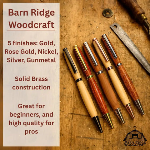 Woodturning pen kits displaying five finishes: gold, rose gold, silver, nickel, gunmetal in solid brass construction.