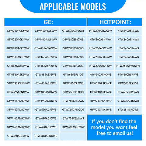 Chart showing GE and Hotpoint washer models compatible with Upgraded GE Washer Parts Kit With Mode Shifter Actuator Drive Belt Clutch And Spring