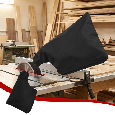 Workhorse Two Pack Miter Saw Dust Collection Bag With Roll Down Zipper Seal And Bendable Steel Wire Opening on table saw.