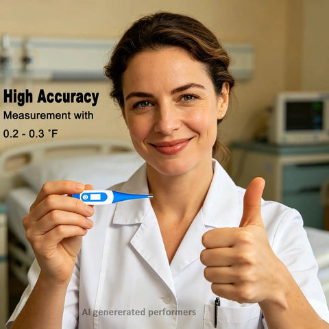 One Button Digital Thermometer For Fever Relief, No Fuss Oral And Rectal Use For Adults, Pack Of 4, Minimalist Sleek Design, Quick Accurate Readings, Easy Operation For Busy Homes, woman holding thermometer