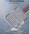 Level Up Your Ride With This Hella Efficient DC DC Step Down Converter Dropping 48 To 12 Volts At 20 Amps For Golf Carts And Utility Trailers, showing IP68 waterproof converter splashing in water.
