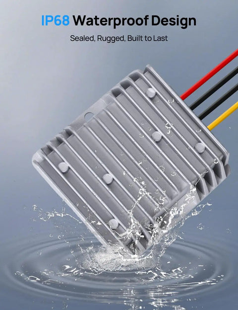 Level Up Your Ride With This Hella Efficient DC DC Step Down Converter Dropping 48 To 12 Volts At 20 Amps For Golf Carts And Utility Trailers, showing IP68 waterproof converter splashing in water.