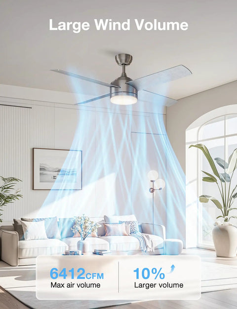 52 Inch Ceiling Fan With LED Light And Remote, brushed motor, 4-blade design showing airflow, in a bright living room setting