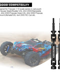 Upgraded CVD Rear Drive Shafts For Off Road RC Trucks shown alongside a 1:10 scale RC car on sand, showcasing compatibility.