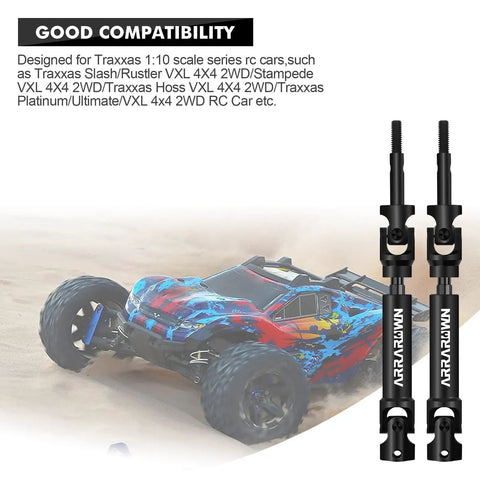 Upgraded CVD Rear Drive Shafts For Off Road RC Trucks shown alongside a 1:10 scale RC car on sand, showcasing compatibility.