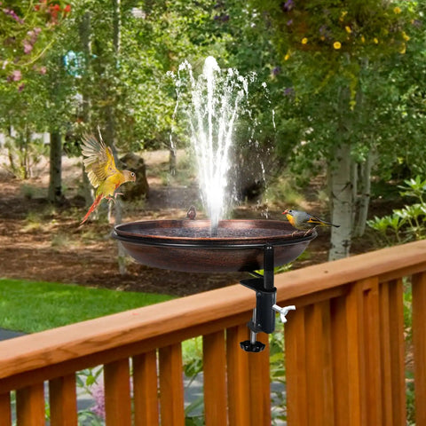 Deck Mounted Metal Bird Bath With Adjustable Steel Clamp For Railings And Balconies No Fuss Lightweight Detachable Bowl Weatherproof Rust Resistant Stand That Secures To Deck Rail Against Wind, installed on wooden railing with two birds
