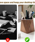 Walnut Diamond Shaped Wooden Pencil Holder Desk Cup With Big Capacity And Smooth Wax Finish showcasing tidy organization