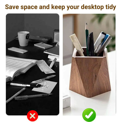 Walnut Diamond Shaped Wooden Pencil Holder Desk Cup With Big Capacity And Smooth Wax Finish showcasing tidy organization