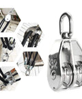 Beefy Heavy Duty Stainless Steel Double Pulley Block With Swivel Wheel For Lifting, 304 Grade, M32 Rope Fit, 9mm Rope Compatible, Waterproof And Rustproof, Great For Hoists, Ceiling Rigs, And DIY Lifts, 32 stainless steel double pulley block with swivel wheel and 9mm rope