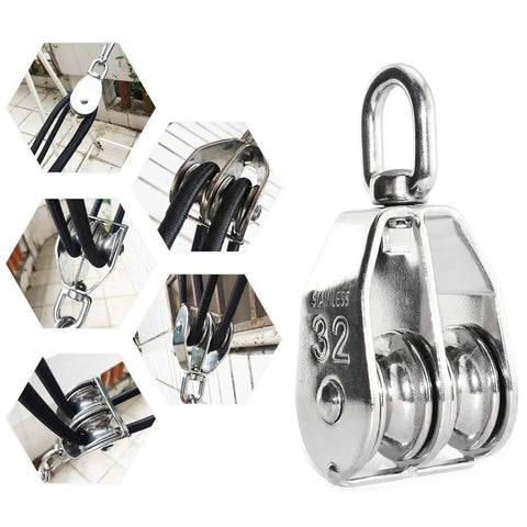 Beefy Heavy Duty Stainless Steel Double Pulley Block With Swivel Wheel For Lifting, 304 Grade, M32 Rope Fit, 9mm Rope Compatible, Waterproof And Rustproof, Great For Hoists, Ceiling Rigs, And DIY Lifts, 32 stainless steel double pulley block with swivel wheel and 9mm rope