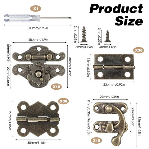 Retro Jewelry Box Hardware Kit 108 Pieces With Antique Brass Hinges And Latches, includes screw sizes and screwdriver