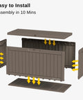 Exploded view of a 60 Gallon Deck Box Outdoor Storage Waterproof Resin Bin for Patio Cushions and Gardening Tools assembly process.