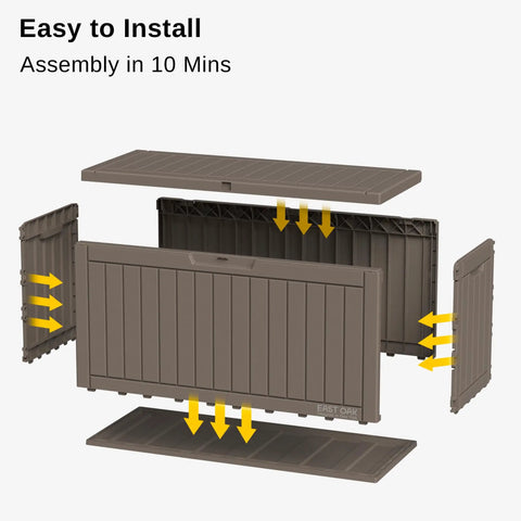 Exploded view of a 60 Gallon Deck Box Outdoor Storage Waterproof Resin Bin for Patio Cushions and Gardening Tools assembly process.