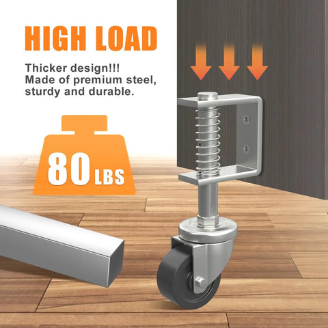 Heavy Duty Two Inch Gate Wheels For Wooden Gates Rock Solid Rubber Casters shown with spring loaded design, 80 lbs capacity