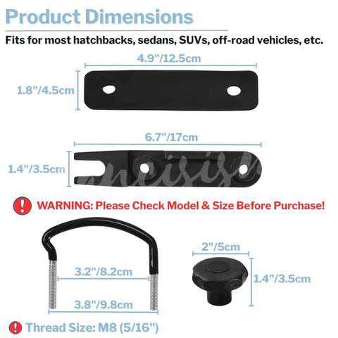 Chart showing dimensions for Four Pack Roof Box U Bolt Clamps Heavy Duty Mounting Kit For Cars And Vans 85mm Inner Width