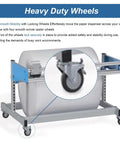 Heavy Duty Wrapping Paper Dispenser With Snap Cut Blade And Hella Sturdy Packing Station for Bubble Wrap Roll Support showing locking caster wheels.