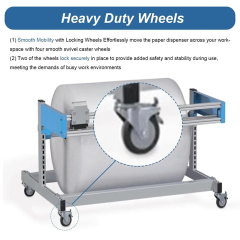 Heavy Duty Wrapping Paper Dispenser With Snap Cut Blade And Hella Sturdy Packing Station for Bubble Wrap Roll Support showing locking caster wheels.